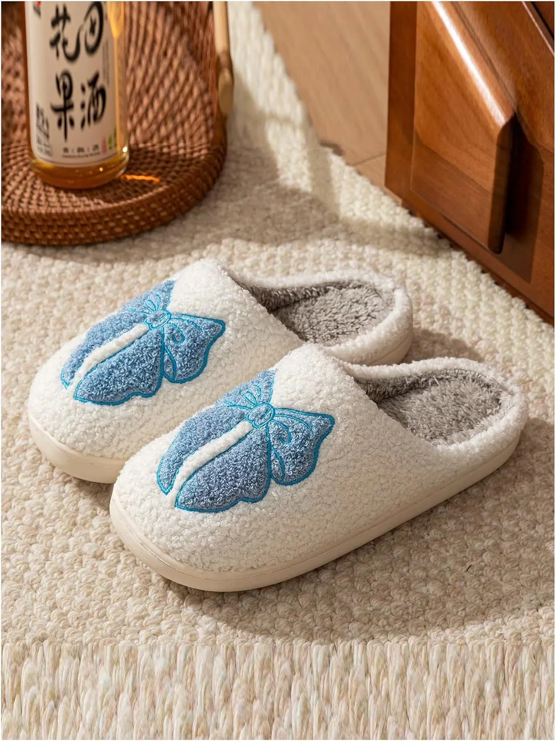 Verdusa Women's Bow Fuzzy Bedroom Slippers Warm Indoor Home Slipper Shoes