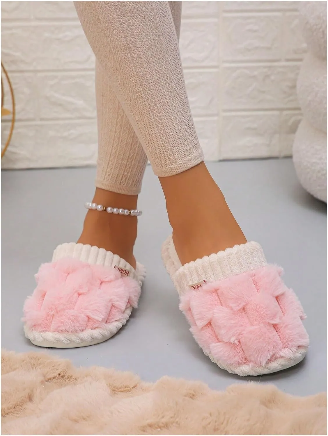 Verdusa Women's Bow Knot Fuzzy House Slippers Outdoor Warm Slip on Slipper