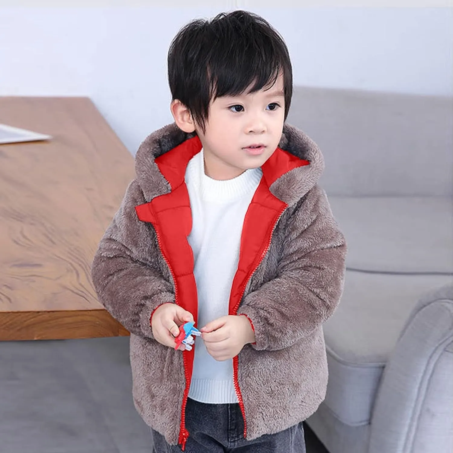 Winter Coat Bear Ears Hooded for Boy Girl Two Sided Wear Fleece Jacket Thicken Windproof Zipper Warm Outwear