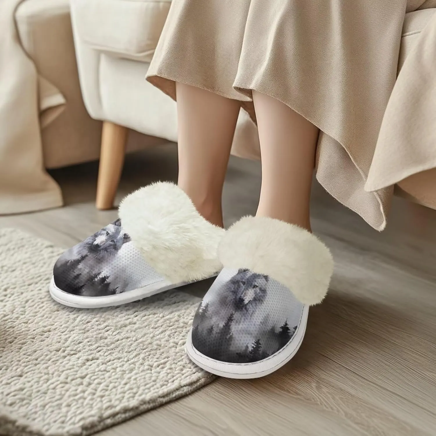 Women Novelty Print Fuzzy Slippers Winter Casual Slip-on Indoor Shoes Warm Cozy House Slipper Bedroom Slippers