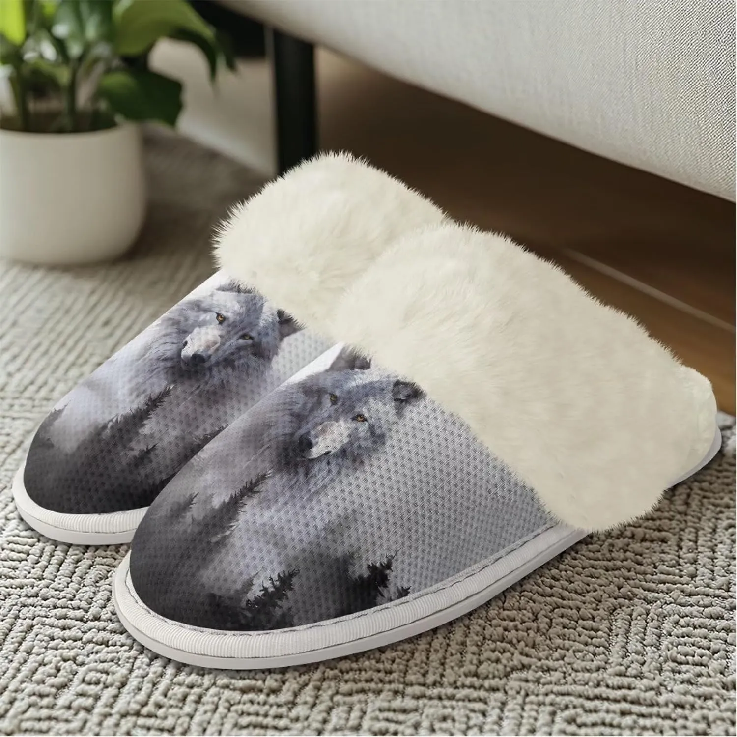 Women Novelty Print Fuzzy Slippers Winter Casual Slip-on Indoor Shoes Warm Cozy House Slipper Bedroom Slippers