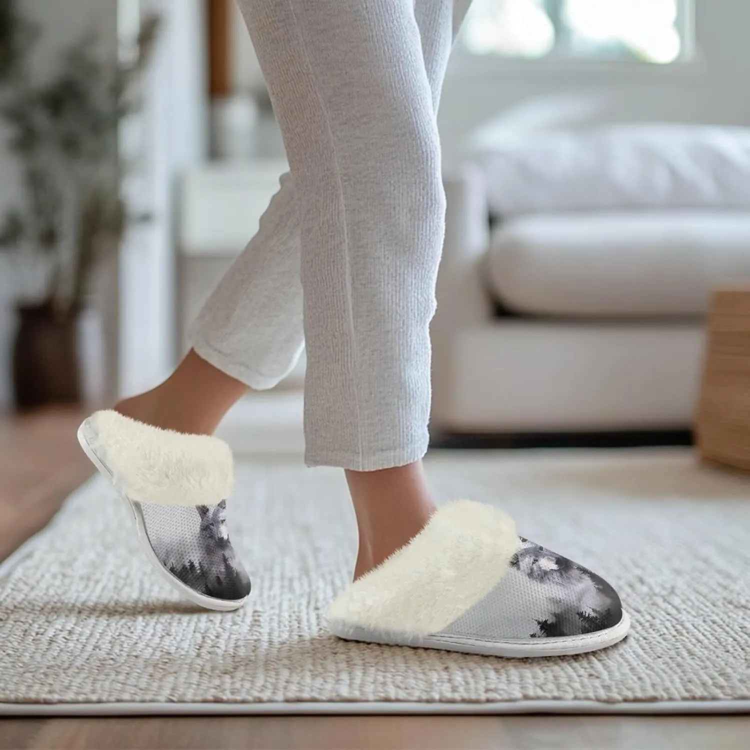 Women Novelty Print Fuzzy Slippers Winter Casual Slip-on Indoor Shoes Warm Cozy House Slipper Bedroom Slippers