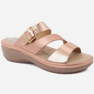 Women "BRIANNA" Open Toe Glossy Tri Strap Metallic Buckled Comfort Slippers