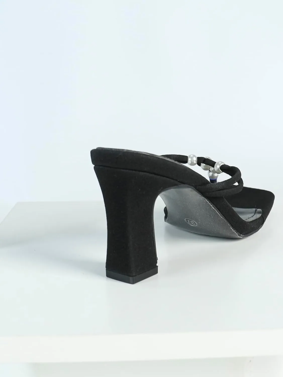 Women's Black Faux - Suede Square - Toe High - Heel Flip - Flops | Clip - Toe Mules with Pearl - Embellished Straps for Party & Evening