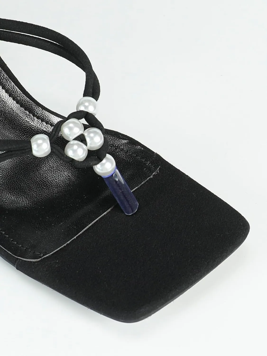 Women's Black Faux - Suede Square - Toe High - Heel Flip - Flops | Clip - Toe Mules with Pearl - Embellished Straps for Party & Evening