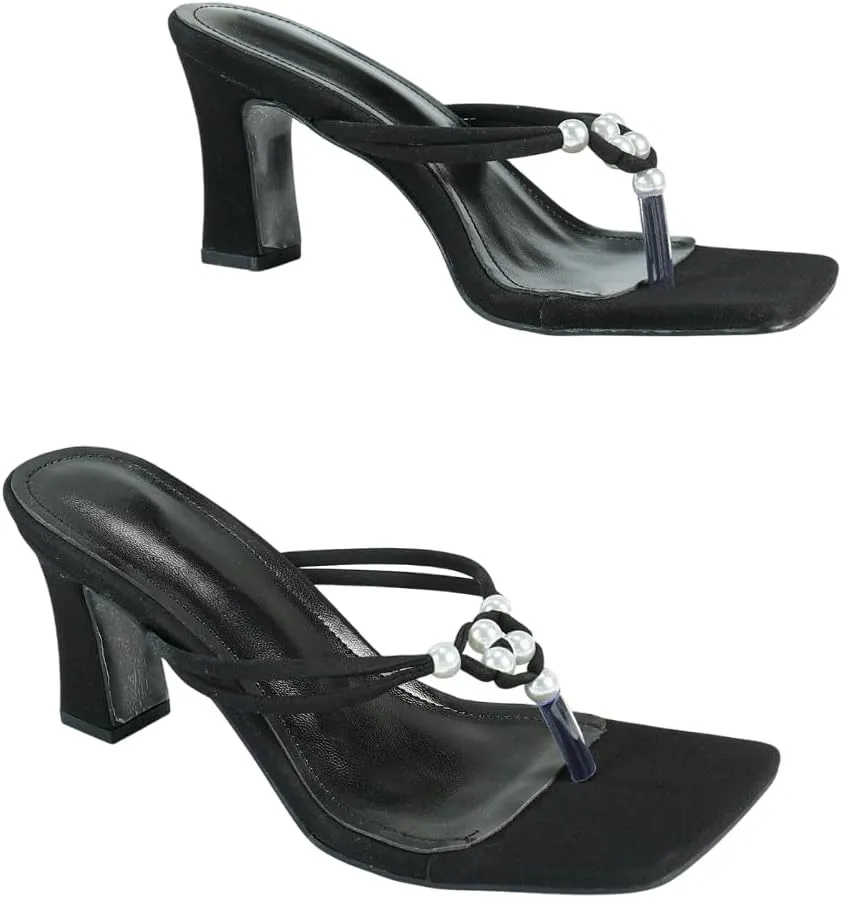 Women's Black Faux - Suede Square - Toe High - Heel Flip - Flops | Clip - Toe Mules with Pearl - Embellished Straps for Party & Evening