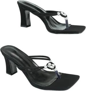 Women's Black Faux - Suede Square - Toe High - Heel Flip - Flops | Clip - Toe Mules with Pearl - Embellished Straps for Party & Evening