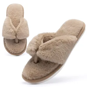 Women's Fluffy Flip Flop Slippers with Memory Foam Soles