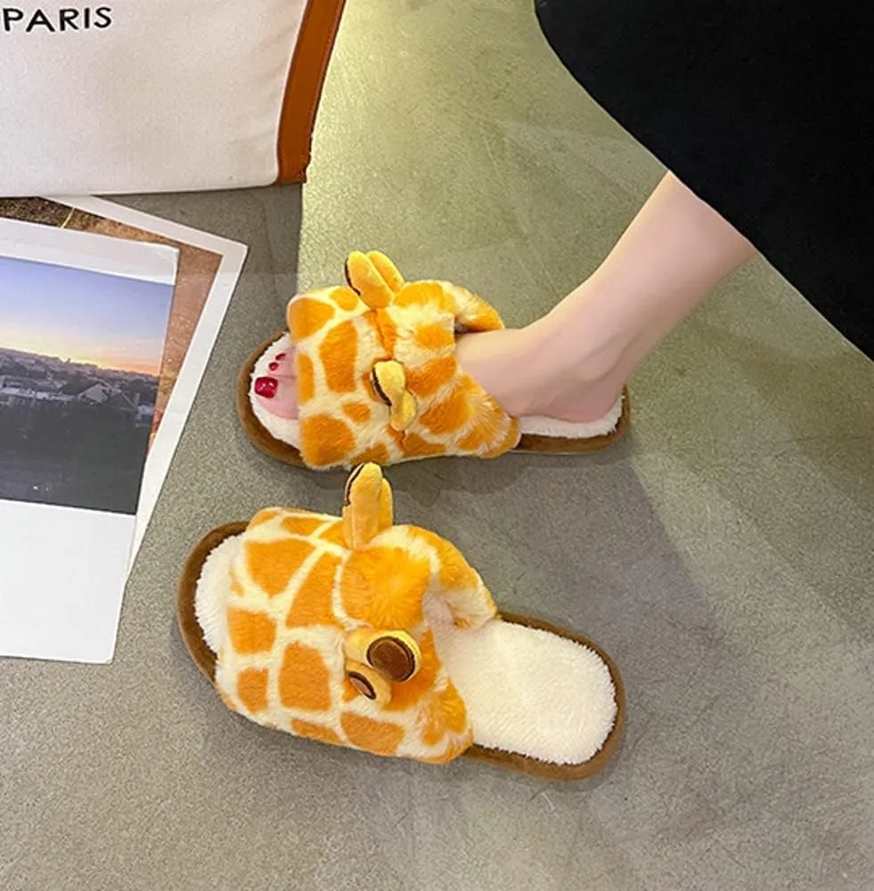 Womens Funny Giraffe Cartoon Slippers Furry Plush Warm Lining Anti-Slip House Shoes Open Toe Lightweight Indoor Outdoor Slippers