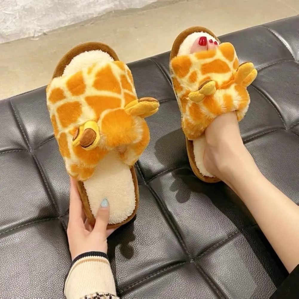 Womens Funny Giraffe Cartoon Slippers Furry Plush Warm Lining Anti-Slip House Shoes Open Toe Lightweight Indoor Outdoor Slippers
