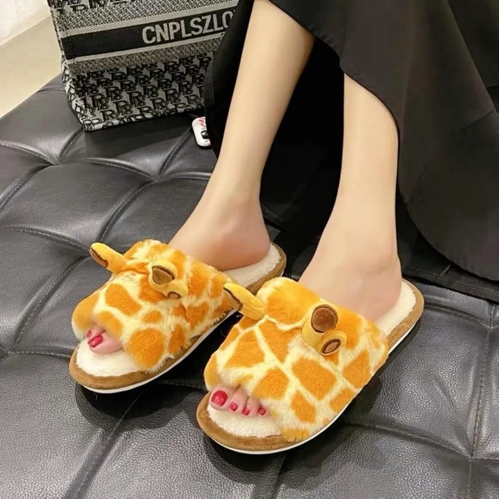 Womens Funny Giraffe Cartoon Slippers Furry Plush Warm Lining Anti-Slip House Shoes Open Toe Lightweight Indoor Outdoor Slippers
