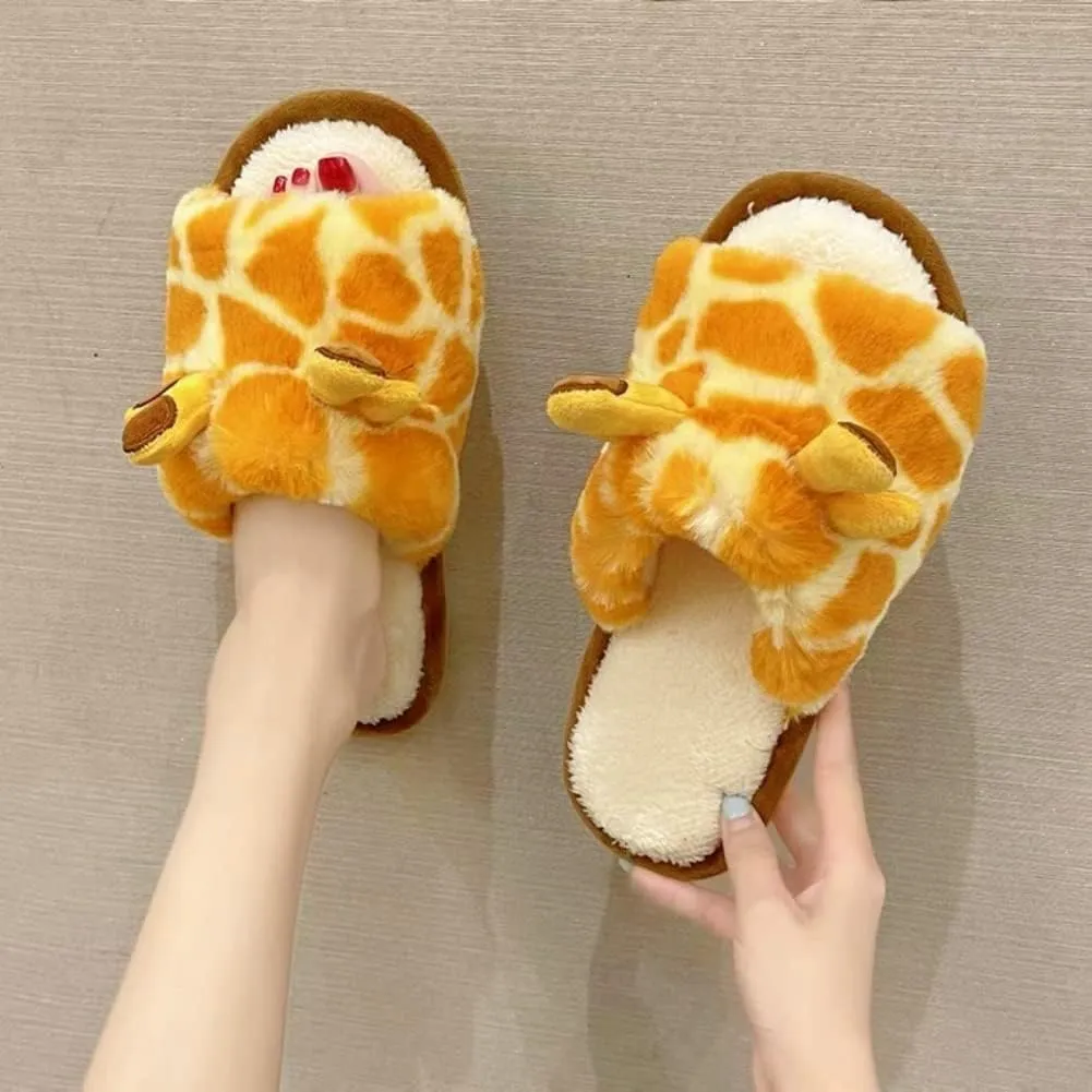 Womens Funny Giraffe Cartoon Slippers Furry Plush Warm Lining Anti-Slip House Shoes Open Toe Lightweight Indoor Outdoor Slippers