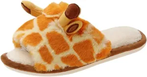 Womens Funny Giraffe Cartoon Slippers Furry Plush Warm Lining Anti-Slip House Shoes Open Toe Lightweight Indoor Outdoor Slippers