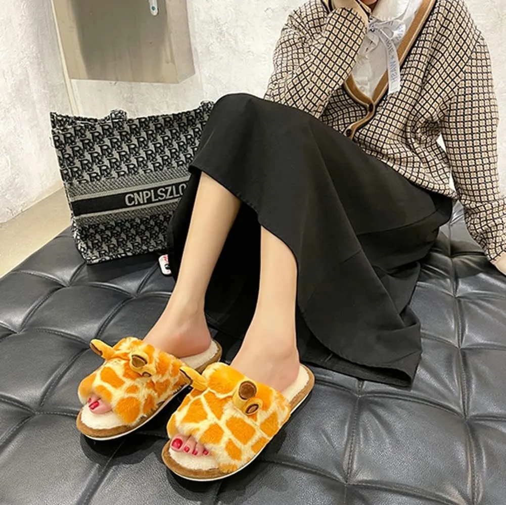 Womens Funny Giraffe Cartoon Slippers Furry Plush Warm Lining Anti-Slip House Shoes Open Toe Lightweight Indoor Outdoor Slippers