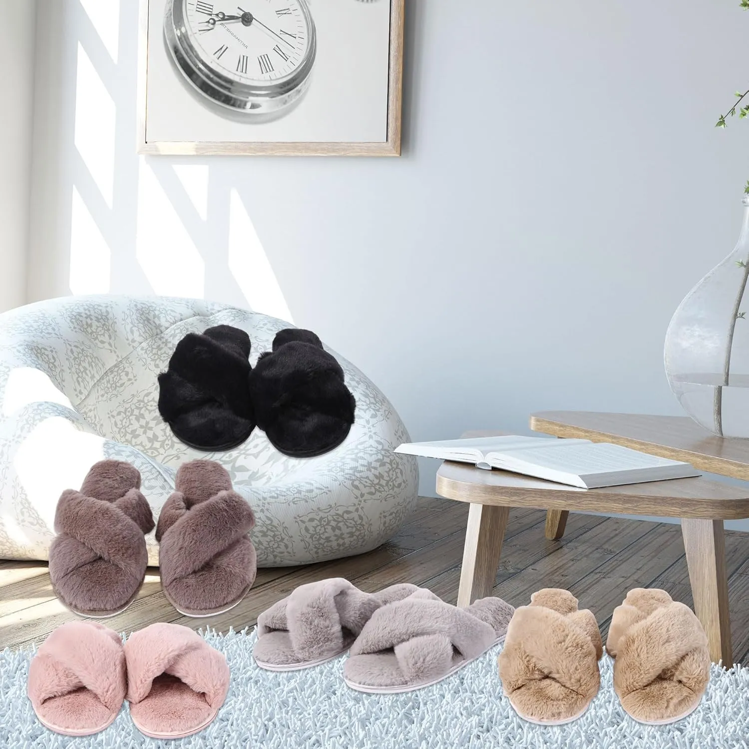 Women’s Fuzzy Slippers, Indoor Slippers for Women Girls Soft Memory Foam House Slippers Open Toe Plush Fluffy Bedroom Slip On Shoes
