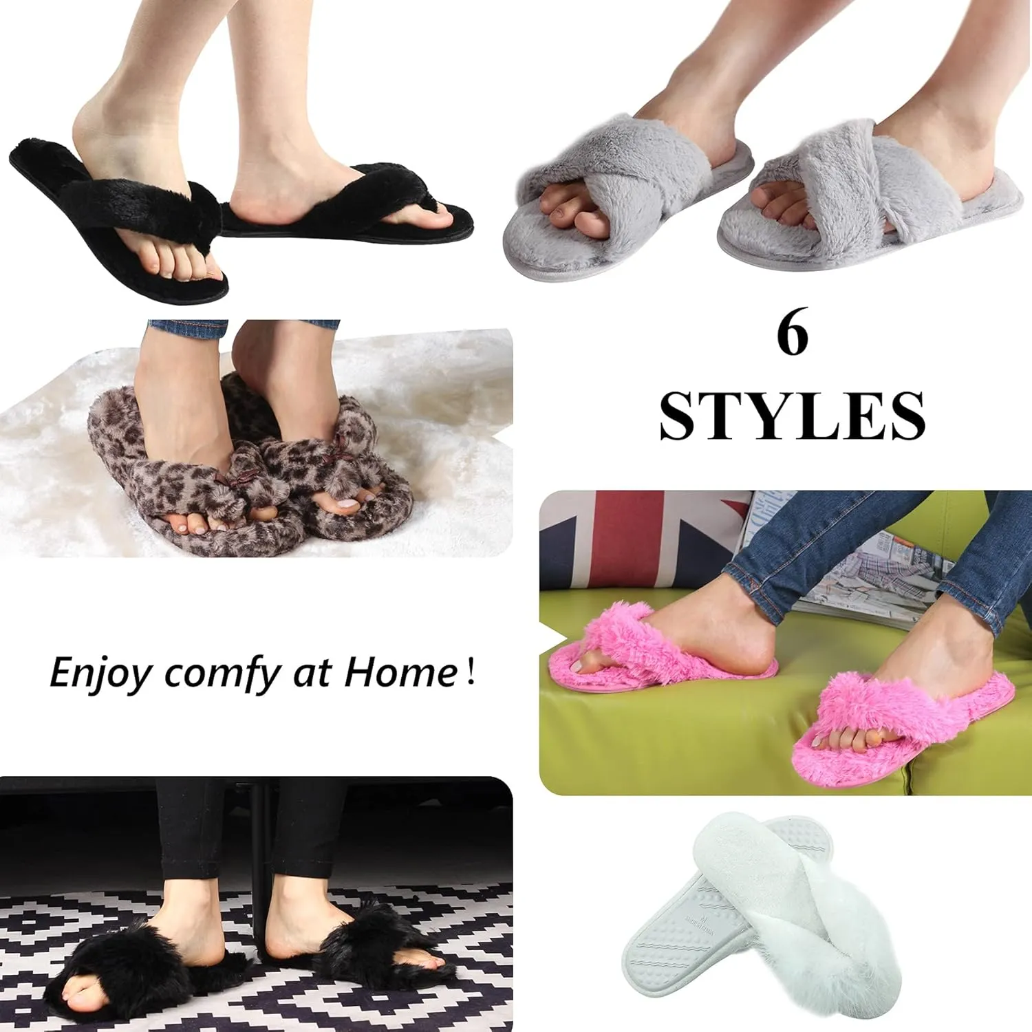 Women’s Fuzzy Slippers, Indoor Slippers for Women Girls Soft Memory Foam House Slippers Open Toe Plush Fluffy Bedroom Slip On Shoes