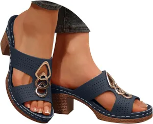 Women's Heeled Sandals Open Toe Slip On Block Womens Chunky Mid Heels Ankle Strap Sandal Metal Decoration Slippers Casual Comfortable Summer Flip Flops Backless Mules Adjustable Slide Walking Shoes