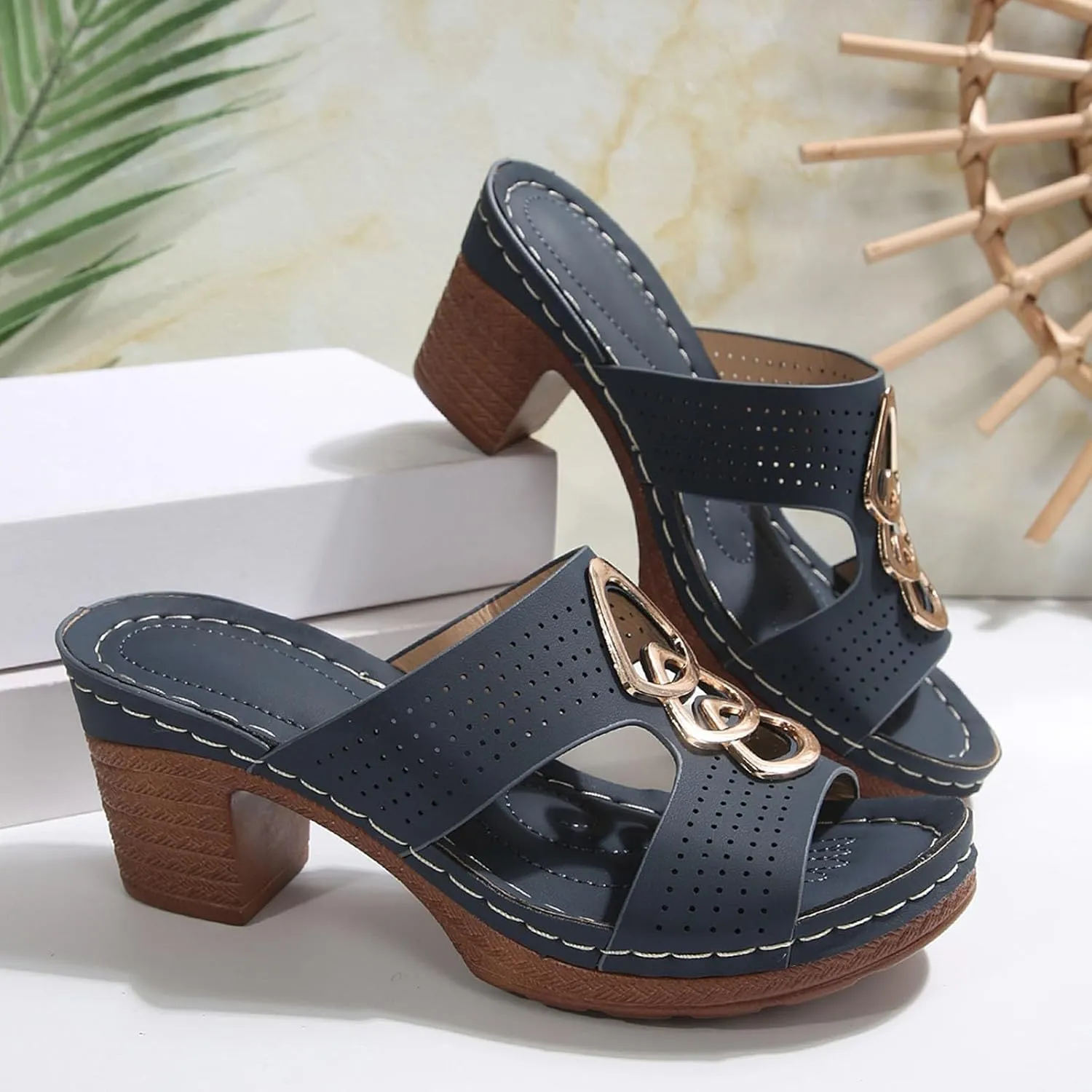 Women's Heeled Sandals Open Toe Slip On Block Womens Chunky Mid Heels Ankle Strap Sandal Metal Decoration Slippers Casual Comfortable Summer Flip Flops Backless Mules Adjustable Slide Walking Shoes
