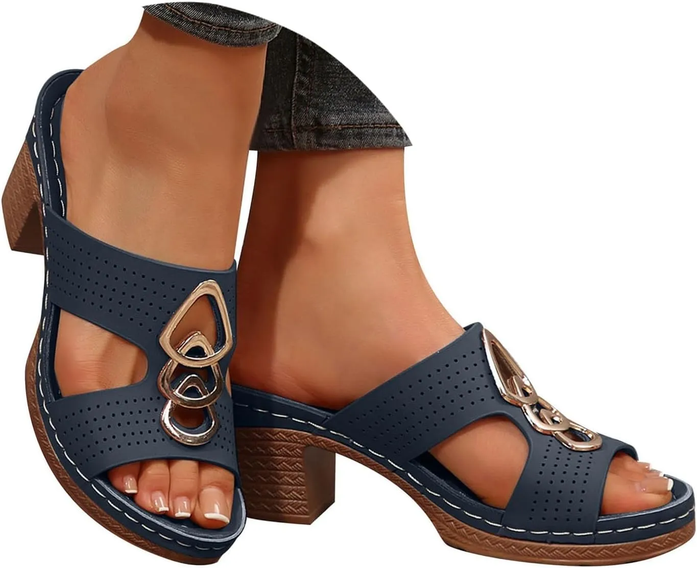 Women's Heeled Sandals Open Toe Slip On Block Womens Chunky Mid Heels Ankle Strap Sandal Metal Decoration Slippers Casual Comfortable Summer Flip Flops Backless Mules Adjustable Slide Walking Shoes