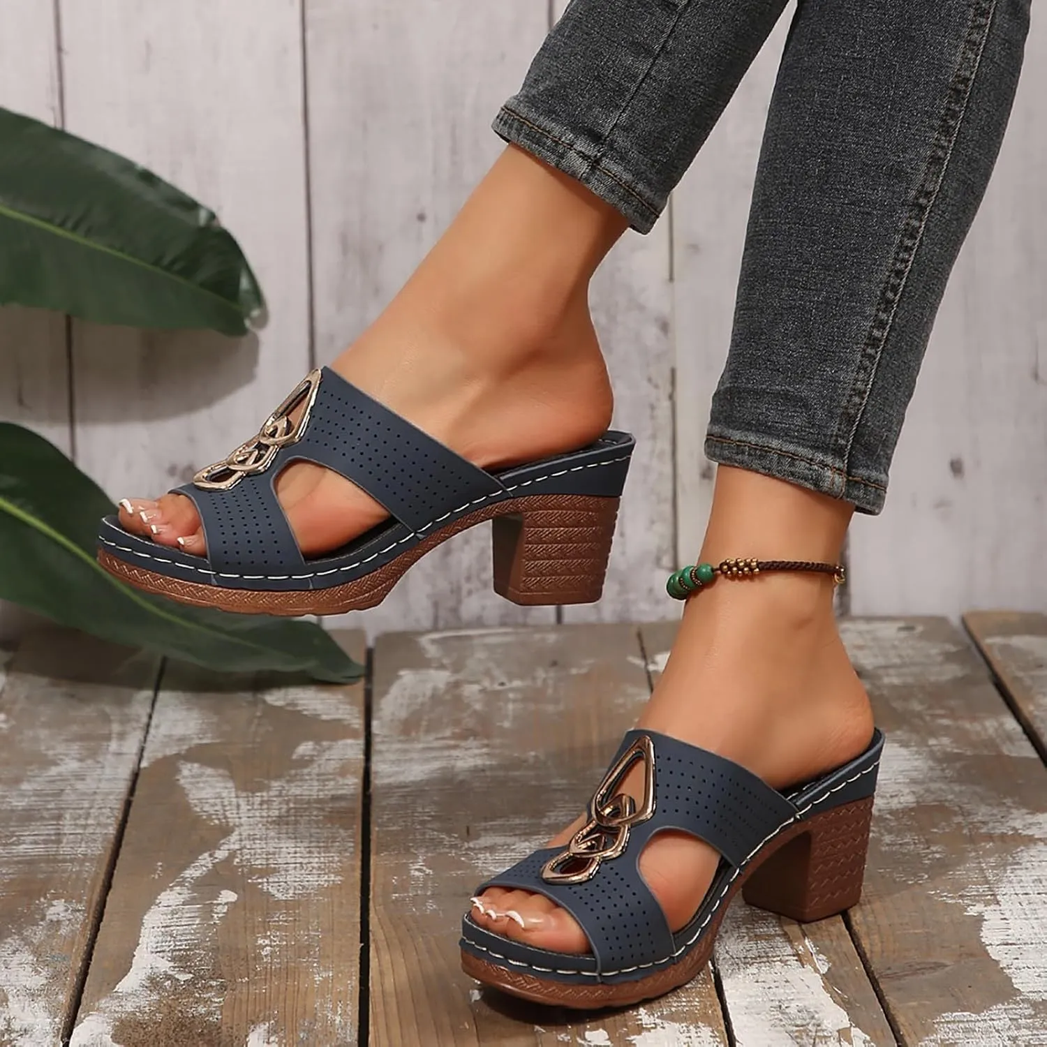 Women's Heeled Sandals Open Toe Slip On Block Womens Chunky Mid Heels Ankle Strap Sandal Metal Decoration Slippers Casual Comfortable Summer Flip Flops Backless Mules Adjustable Slide Walking Shoes