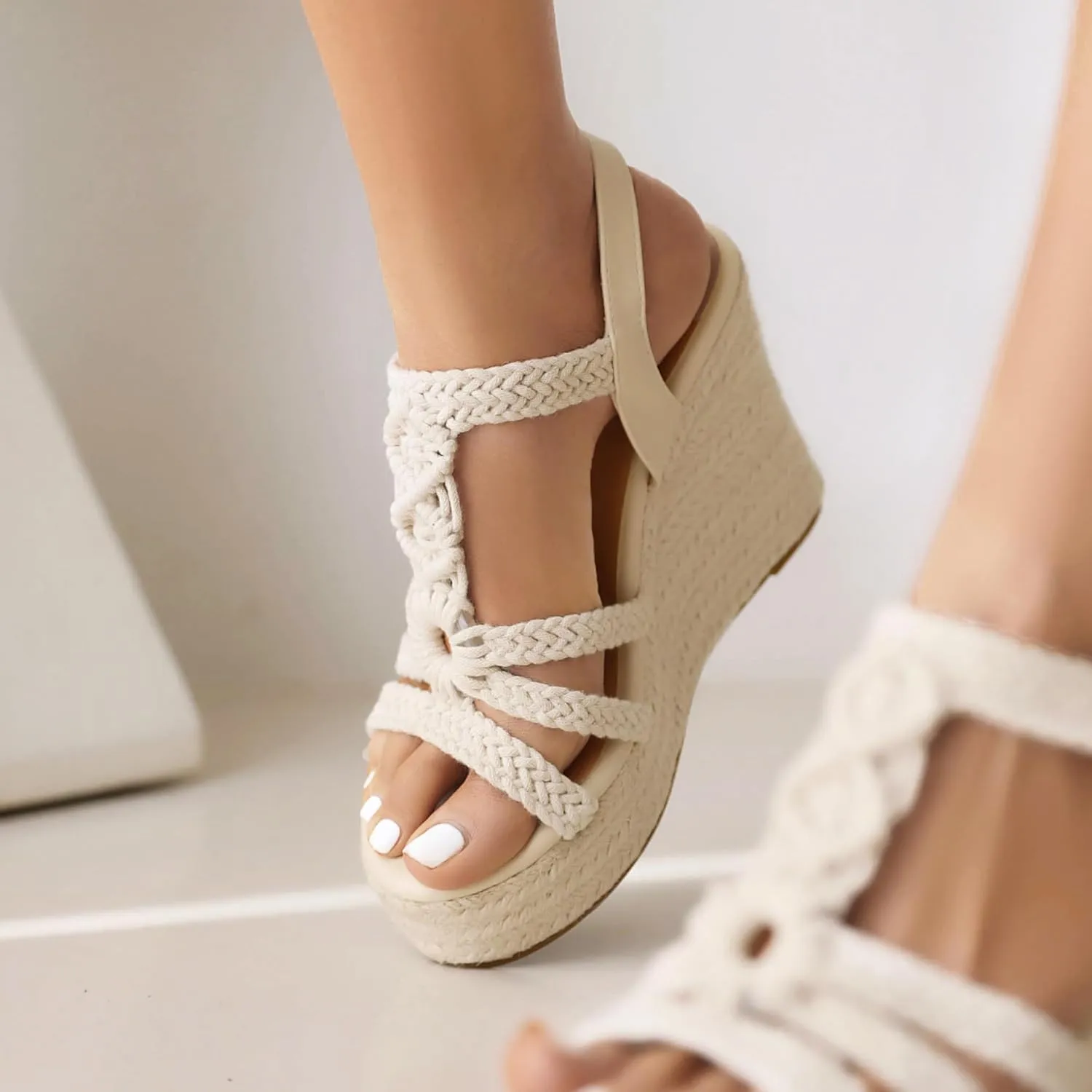 Women's High Heels Open Toe Espadrille Wedge Sandals Braided Upper Buckled Ankle Strap Cushioned Insole Versatile Shoes