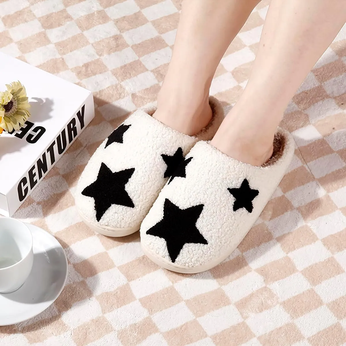 Women's Plush Warm Rose Flowers Slippers Cute Slip-on Cozy Fuzzy House Cotton Slippers
