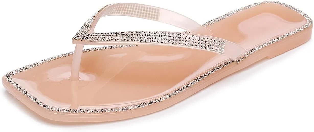 Women's Rhinestones Flip Flop Slip On Square Toe Flat Slippers Backless Beach Sandals Comfy Casual Flip Flop for Summer (Nude,5)