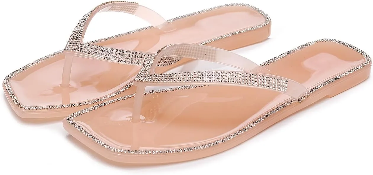Women's Rhinestones Flip Flop Slip On Square Toe Flat Slippers Backless Beach Sandals Comfy Casual Flip Flop for Summer (Nude,5)