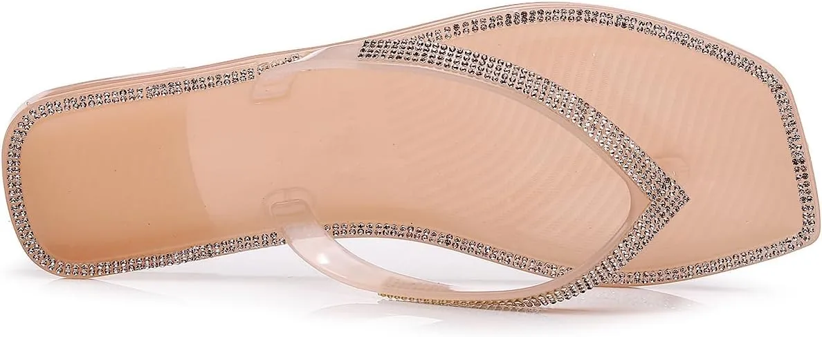 Women's Rhinestones Flip Flop Slip On Square Toe Flat Slippers Backless Beach Sandals Comfy Casual Flip Flop for Summer (Nude,5)