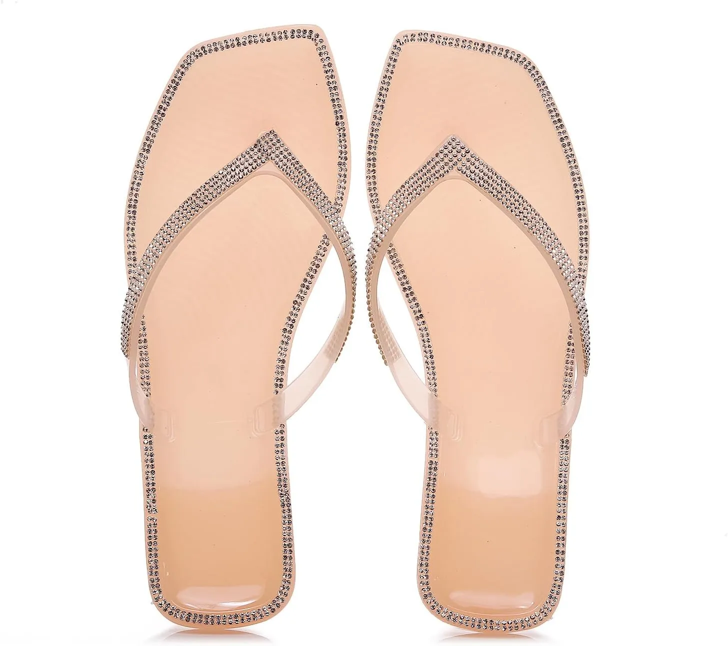 Women's Rhinestones Flip Flop Slip On Square Toe Flat Slippers Backless Beach Sandals Comfy Casual Flip Flop for Summer (Nude,5)