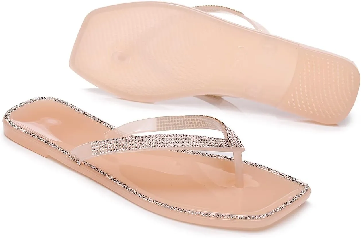 Women's Rhinestones Flip Flop Slip On Square Toe Flat Slippers Backless Beach Sandals Comfy Casual Flip Flop for Summer (Nude,5)