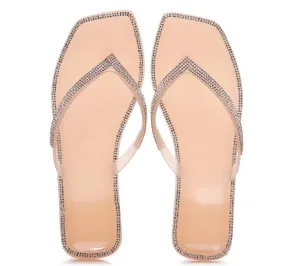 Women's Rhinestones Flip Flop Slip On Square Toe Flat Slippers Backless Beach Sandals Comfy Casual Flip Flop for Summer (Nude,5)