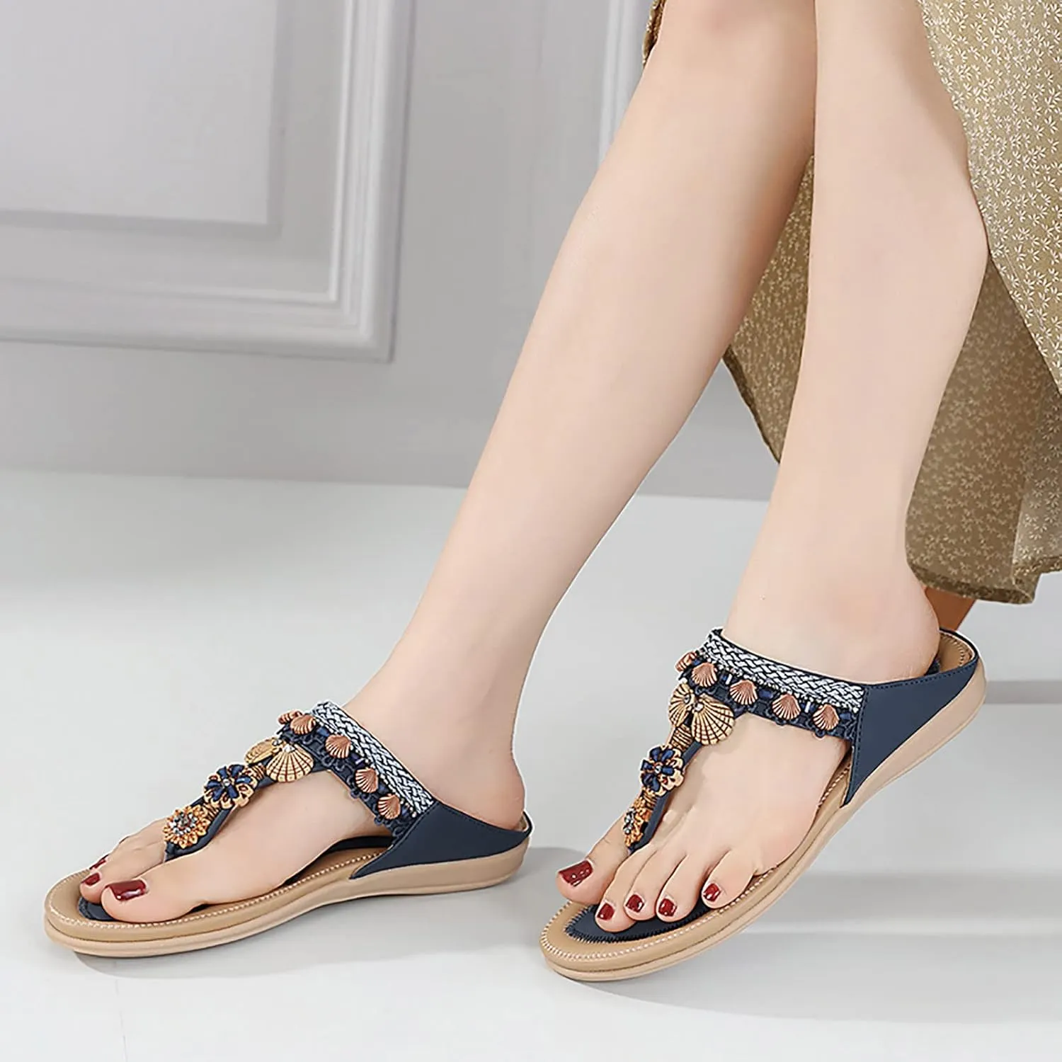 Womens Sandals Womens Sandals Shoes Walking Sandal Non Slip Casual Summer Beach Shoes Dress Women's Fashion Flip Flop Bohemia Flowers Wedge Sandal With Arch Support Clip Toe Comfort Slip On Slingback Slides