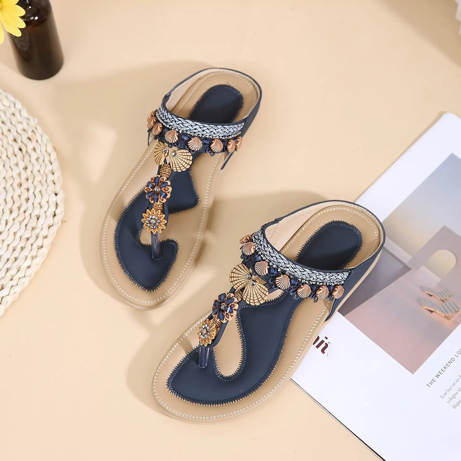 Womens Sandals Womens Sandals Shoes Walking Sandal Non Slip Casual Summer Beach Shoes Dress Women's Fashion Flip Flop Bohemia Flowers Wedge Sandal With Arch Support Clip Toe Comfort Slip On Slingback Slides