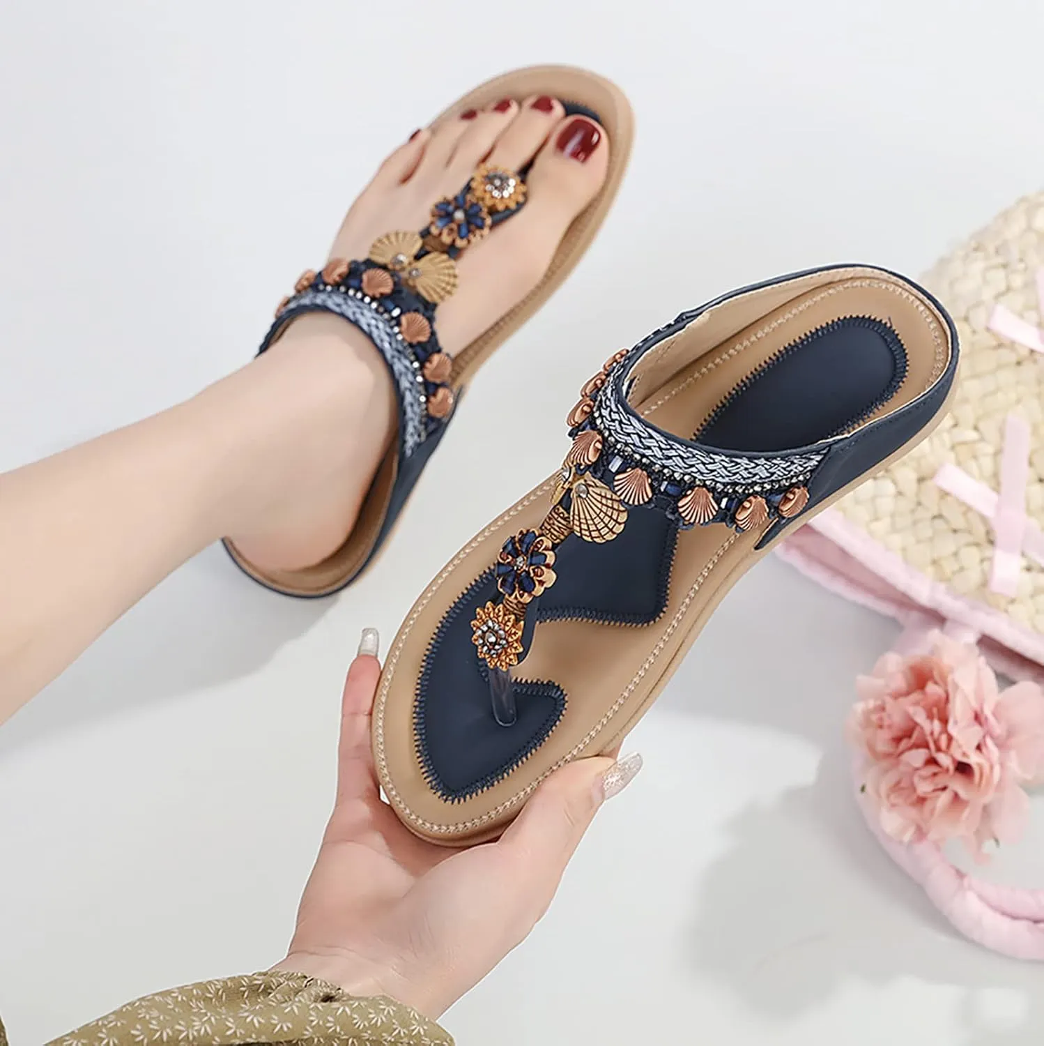 Womens Sandals Womens Sandals Shoes Walking Sandal Non Slip Casual Summer Beach Shoes Dress Women's Fashion Flip Flop Bohemia Flowers Wedge Sandal With Arch Support Clip Toe Comfort Slip On Slingback Slides