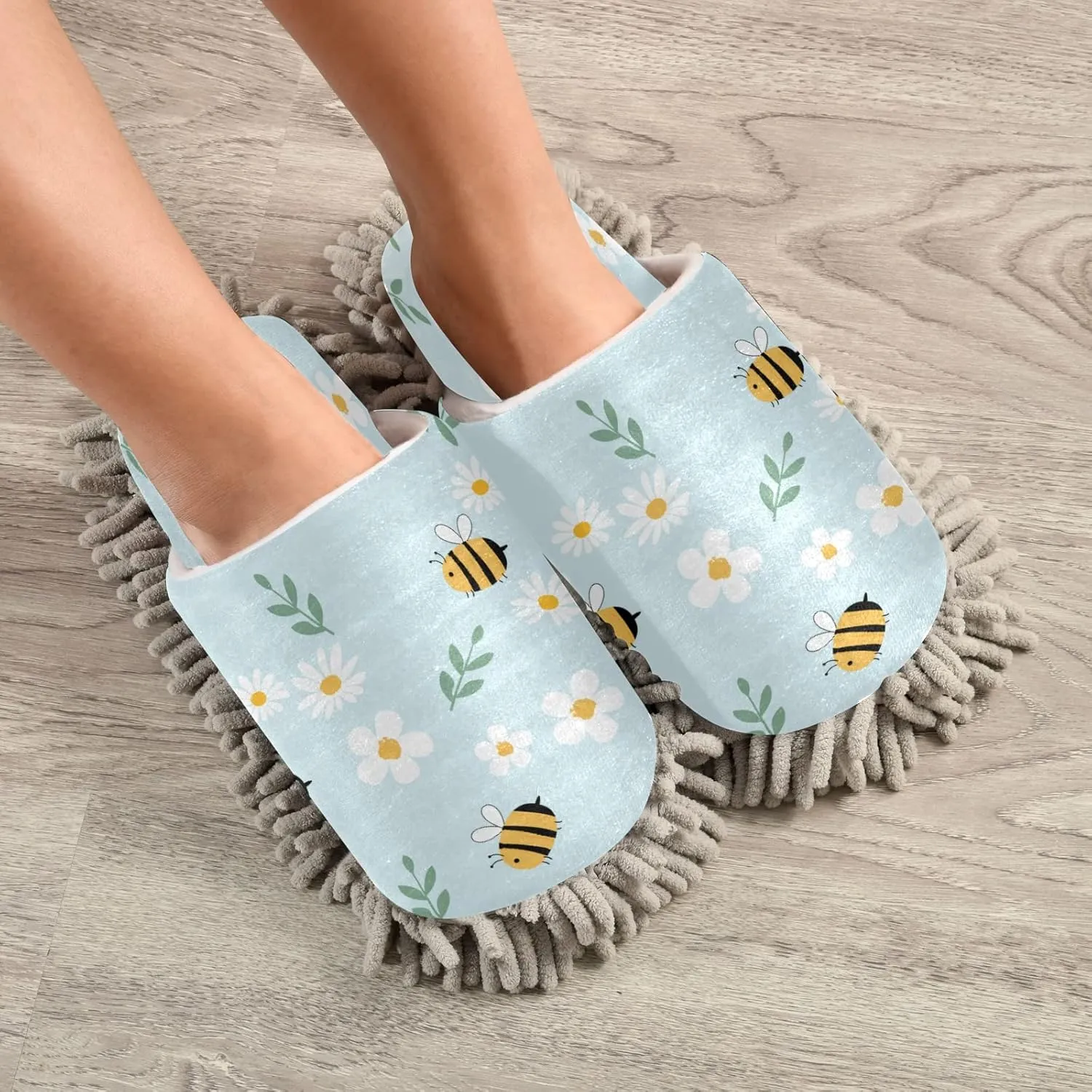 xigua Microfiber Cleaning Slippers Cute Flowers Bees Washable Mop Shoes Slipper for Men/Women House Floor Dust Cleaner, Size L