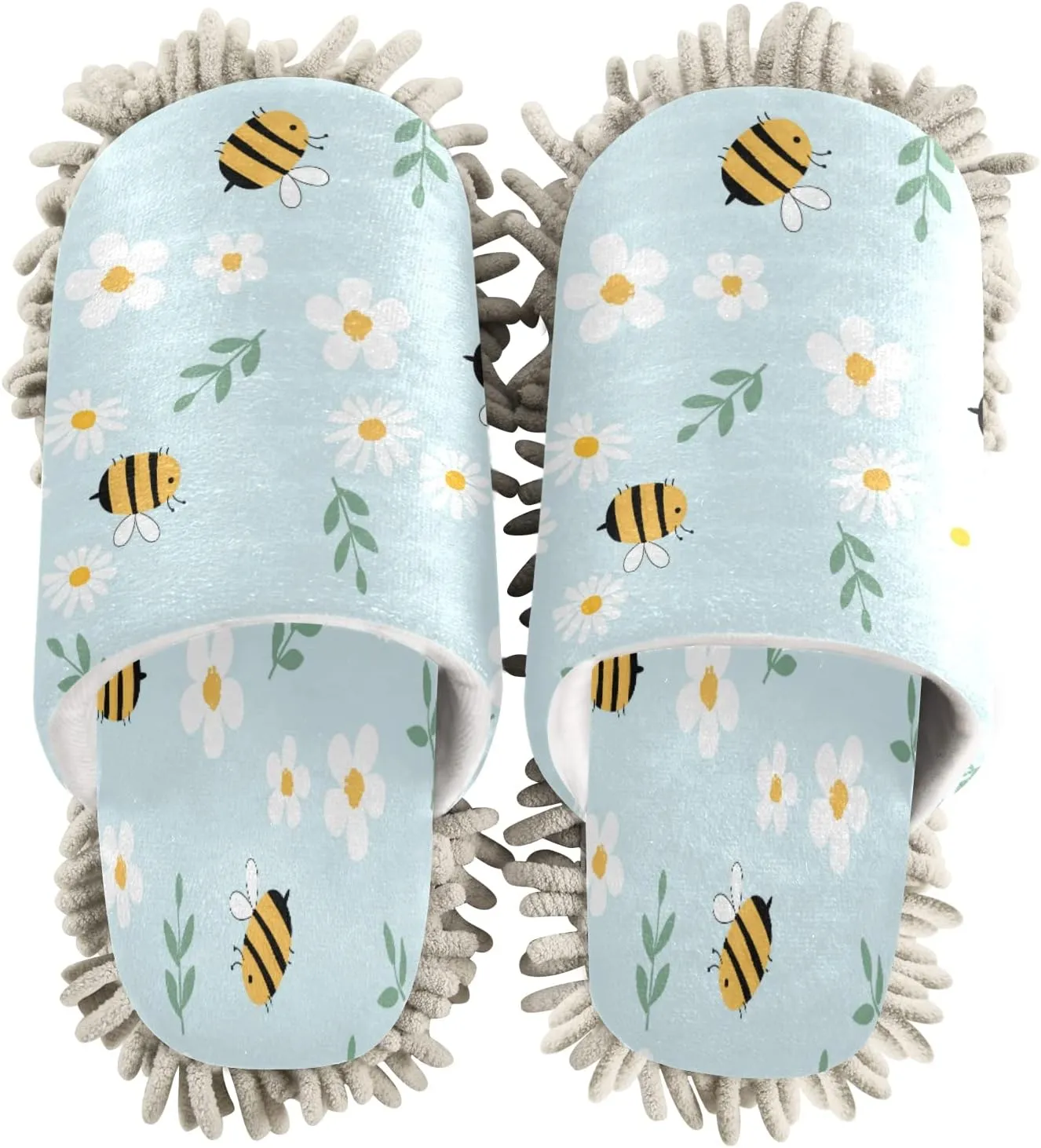 xigua Microfiber Cleaning Slippers Cute Flowers Bees Washable Mop Shoes Slipper for Men/Women House Floor Dust Cleaner, Size L