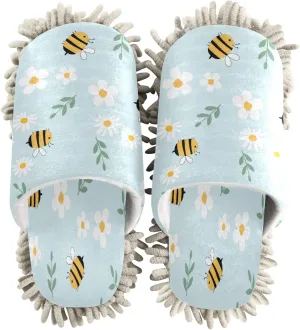 xigua Microfiber Cleaning Slippers Cute Flowers Bees Washable Mop Shoes Slipper for Men/Women House Floor Dust Cleaner, Size L