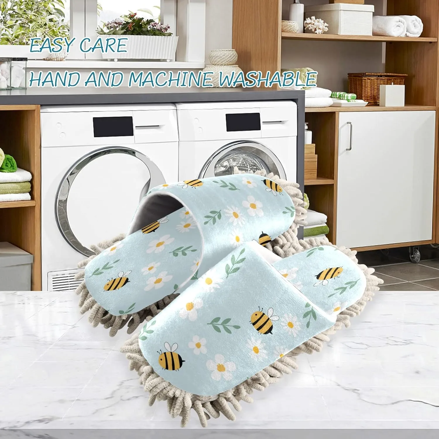 xigua Microfiber Cleaning Slippers Cute Flowers Bees Washable Mop Shoes Slipper for Men/Women House Floor Dust Cleaner, Size L