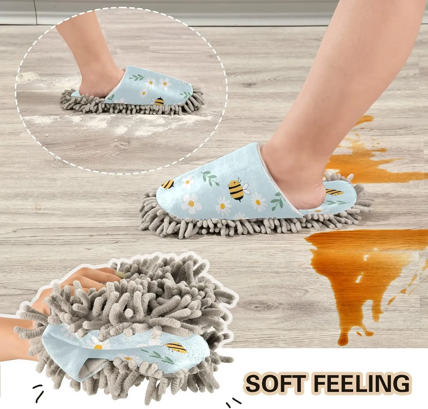 xigua Microfiber Cleaning Slippers Cute Flowers Bees Washable Mop Shoes Slipper for Men/Women House Floor Dust Cleaner, Size L