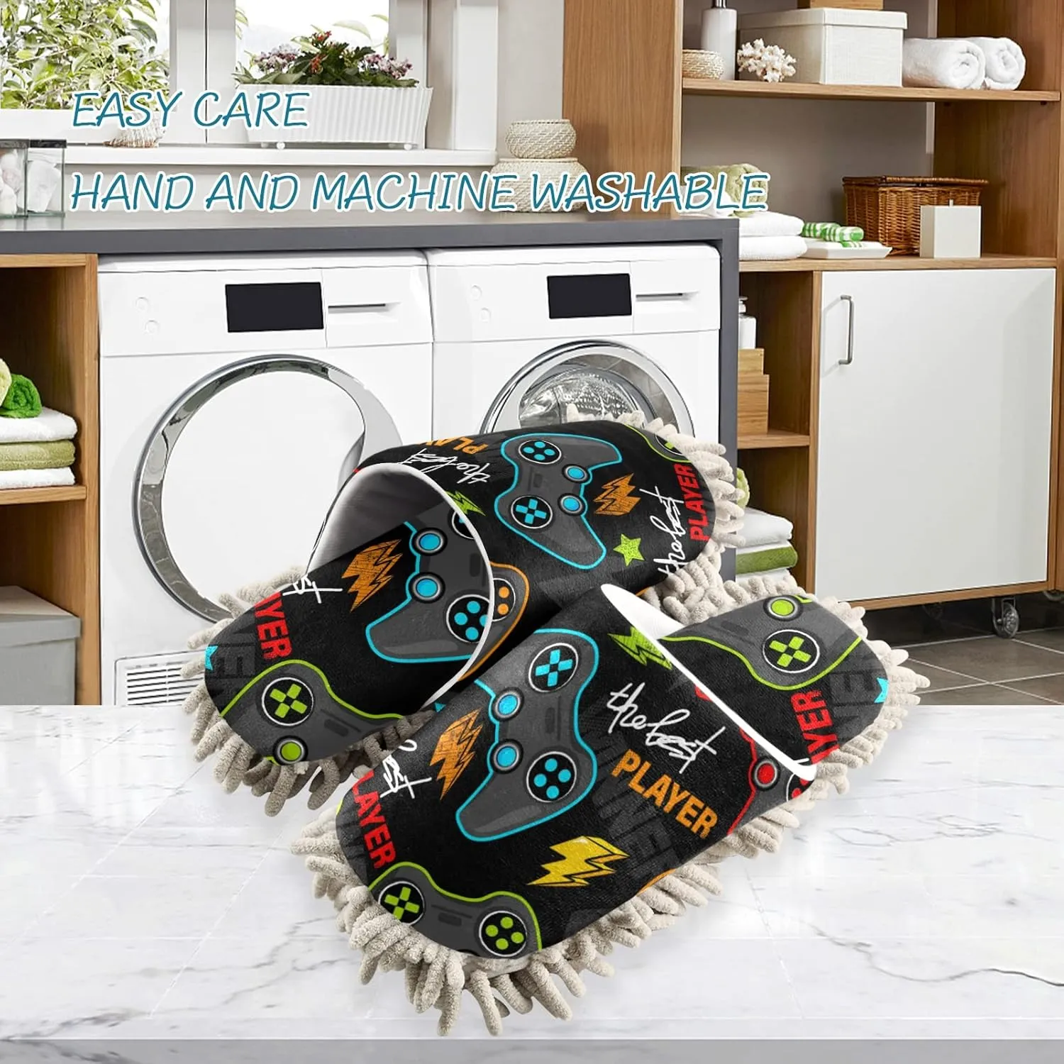 xigua Microfiber Cleaning Slippers Gamepad Washable Mop Shoes Slipper for Men/Women House Floor Dust Cleaner, Size L