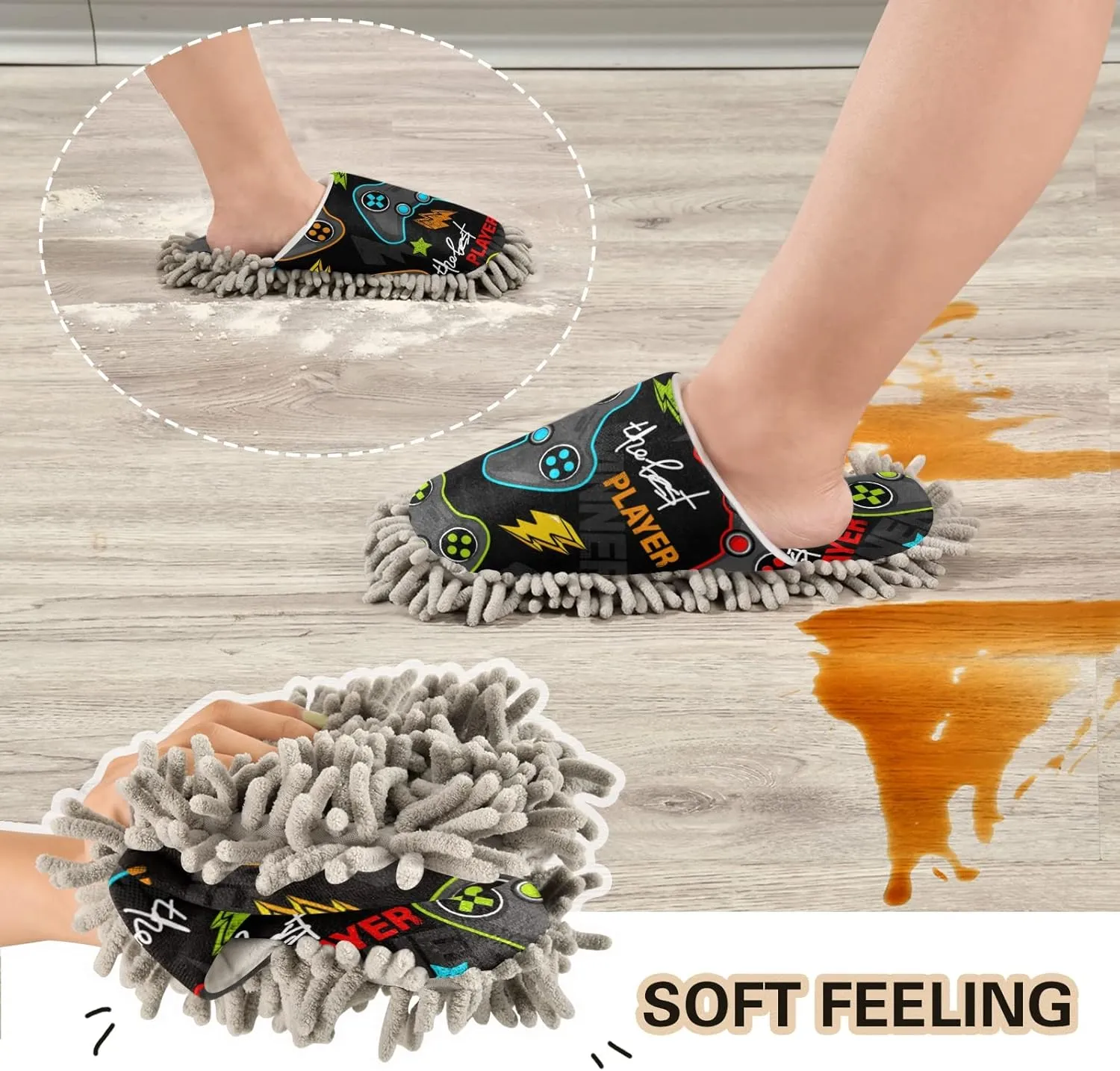xigua Microfiber Cleaning Slippers Gamepad Washable Mop Shoes Slipper for Men/Women House Floor Dust Cleaner, Size L