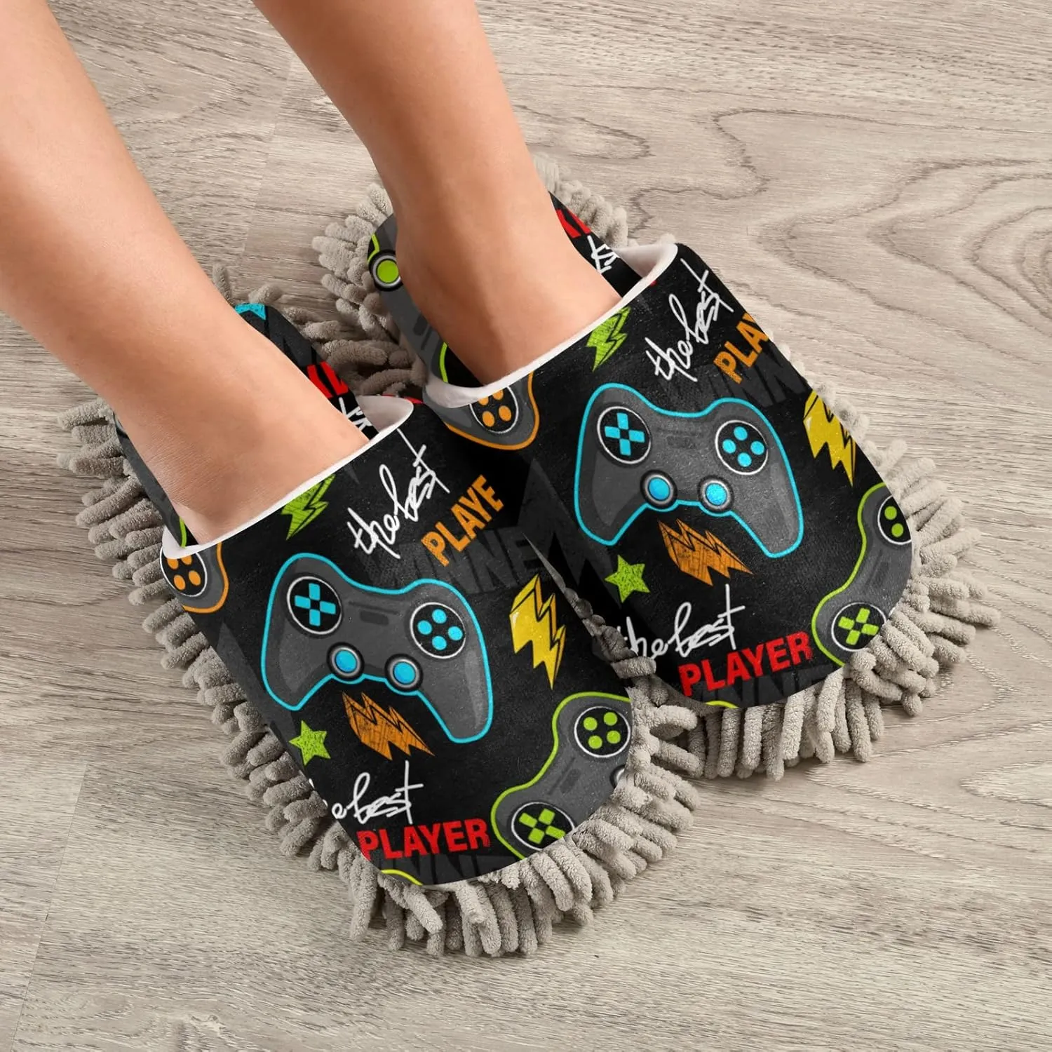 xigua Microfiber Cleaning Slippers Gamepad Washable Mop Shoes Slipper for Men/Women House Floor Dust Cleaner, Size L