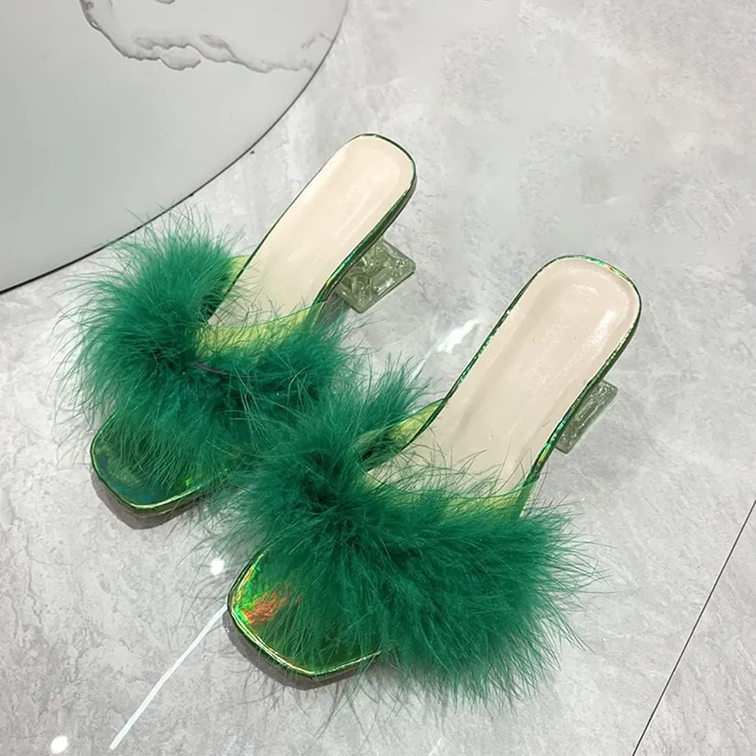 YIBLBOX Women's Fluffy Feather Square Toe High Clear Block Heel High Heels Wedding Dress Heel Sandal