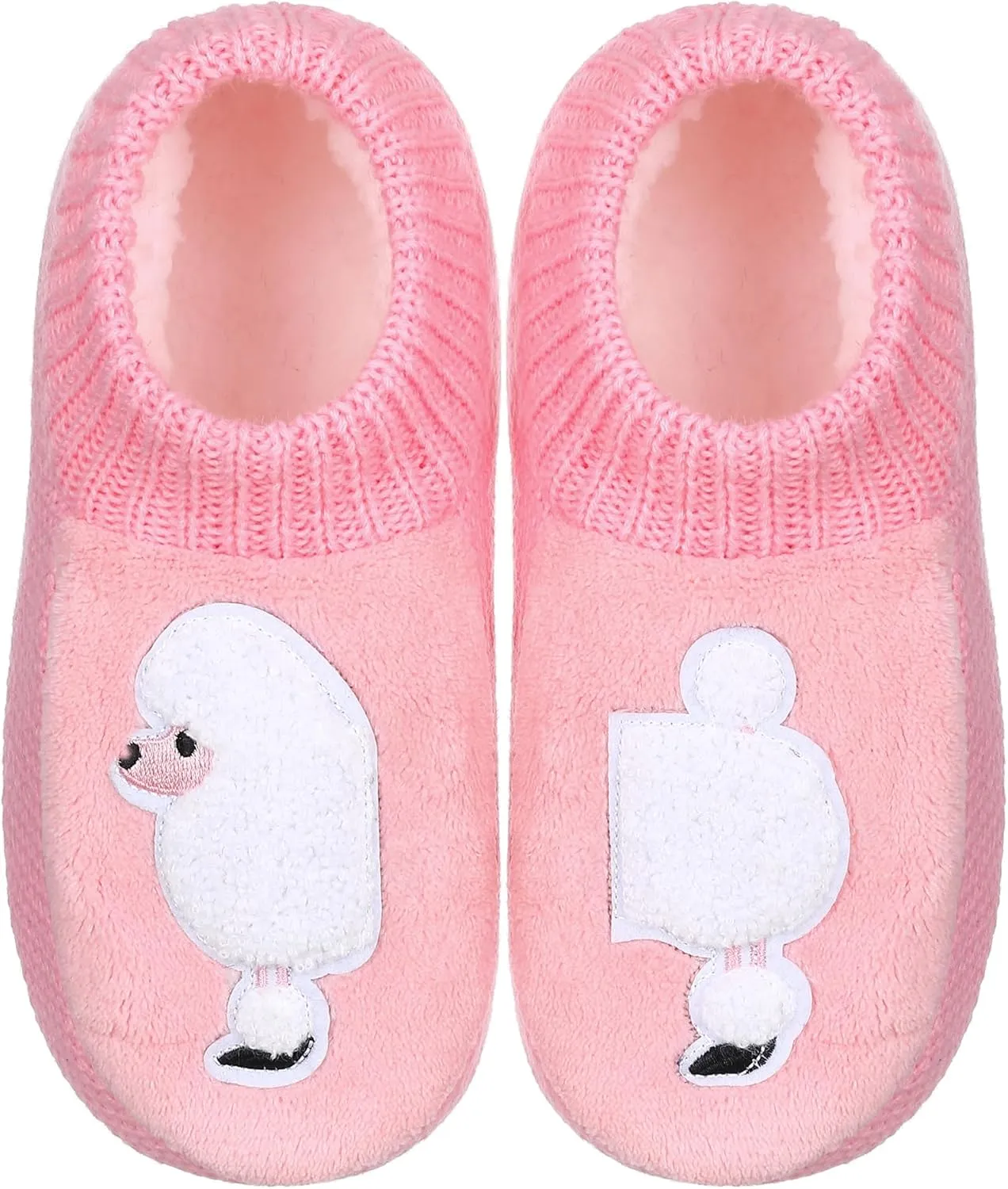 ZYZX Dog Pattern Fuzzy Slipper Socks Winter Cute Warm Cozy Soft Sole Animal Knit Slippers Womens Slipper Socks with Grippers Non Slip House Socks Fun Grip Socks
