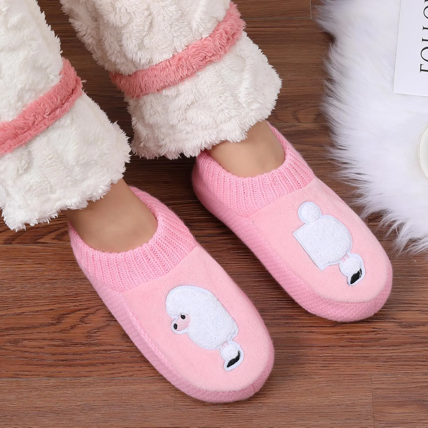 ZYZX Dog Pattern Fuzzy Slipper Socks Winter Cute Warm Cozy Soft Sole Animal Knit Slippers Womens Slipper Socks with Grippers Non Slip House Socks Fun Grip Socks